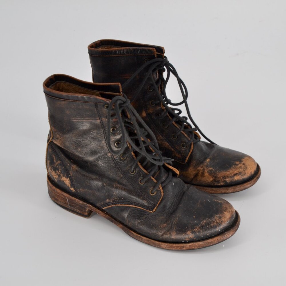 Freebird by Steven Charlie Distressed Leather Combat Boots Lace Up Black Women 8 - Picture 3 of 9